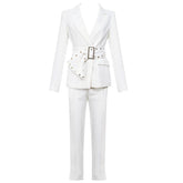Belted High Waist Collared Long Sleeve Blazer Matching Set - White